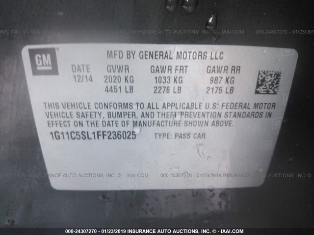 1G11C5SL1FF236025 - 2015 CHEVROLET MALIBU 1LT 灰色 照片 9