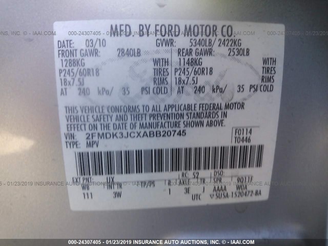 2FMDK3JCXABB20745 - 2010 FORD EDGE SEL SILVER photo 9