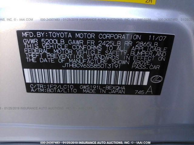 JTHBC96S585013191 - 2008 LEXUS GS 450H SILVER photo 9