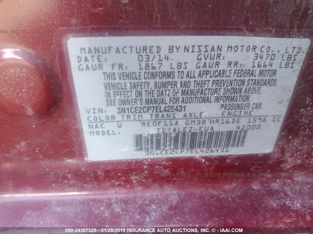 3N1CE2CP7EL426431 - 2014 NISSAN VERSA NOTE S/S PLUS/SV/SL RED photo 9