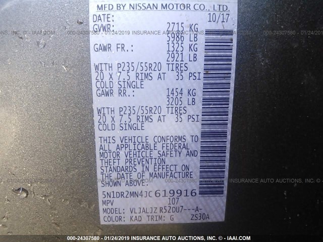 5N1DR2MN4JC619916 - 2018 NISSAN PATHFINDER S/SV/SL/PLATINUM SILVER photo 9