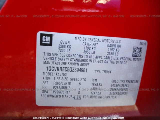 1GCVKREC5GZ394981 - 2016 CHEVROLET SILVERADO K1500 LT RED photo 9