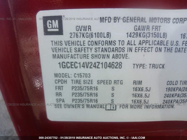 1GCEC14V24Z104628 - 2004 CHEVROLET SILVERADO C1500 RED photo 9