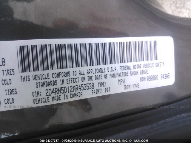 2D4RN5D12AR453538 - 2010 DODGE GRAND CARAVAN SXT GRAY photo 9