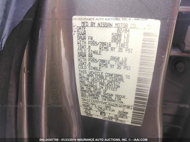 5N1ED28Y84C626296 - 2004 NISSAN XTERRA XE/SE Champagne photo 9