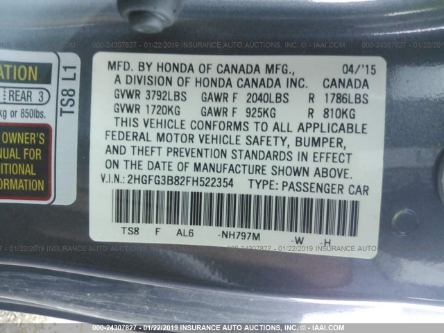 2HGFG3B82FH522354 - 2015 HONDA CIVIC ნაცრისფერი ფოტო 9