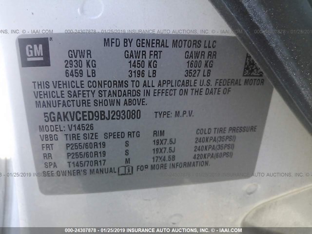 5GAKVCED9BJ293080 - 2011 BUICK ENCLAVE CXL WHITE photo 9