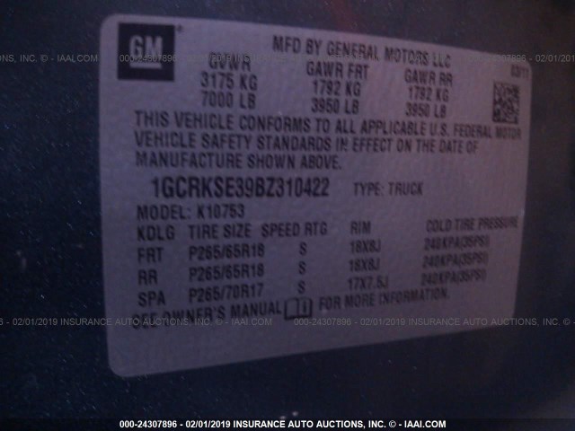 1GCRKSE39BZ310422 - 2011 CHEVROLET SILVERADO K1500 LT BLUE photo 9