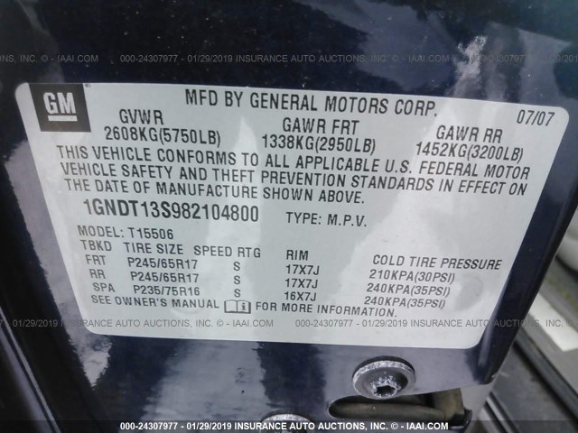 1GNDT13S982104800 - 2008 CHEVROLET TRAILBLAZER LS/LT BLUE photo 9