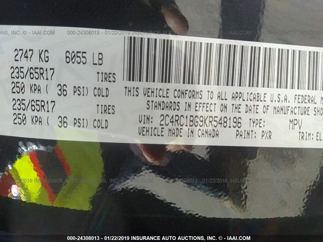 2C4RC1BG9KR548196 - 2019 CHRYSLER PACIFICA TOURING L Սև լուսանկար 9