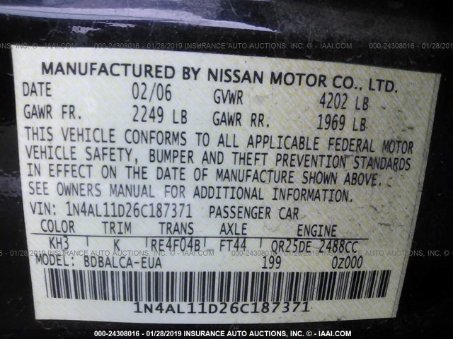 1N4AL11D26C187371 - 2006 NISSAN ALTIMA S/SL BLACK photo 9