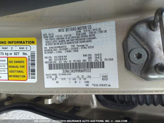 3LN6L5KU9HR609352 - 2017 LINCOLN MKZ HYBRID PREMIER BEIGE photo 9