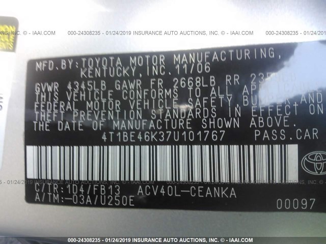 4T1BE46K37U101767 - 2007 TOYOTA CAMRY NEW GENERAT CE/LE/XLE/SE SILVER photo 9