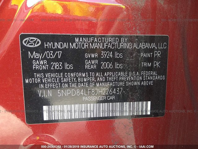 5NPD84LF8JH226437 - 2018 HYUNDAI ELANTRA SEL/VALUE/LIMITED RED photo 9