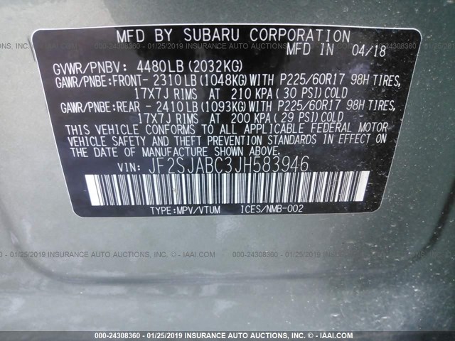 JF2SJABC3JH583946 - 2018 SUBARU FORESTER 2.5I GREEN photo 9