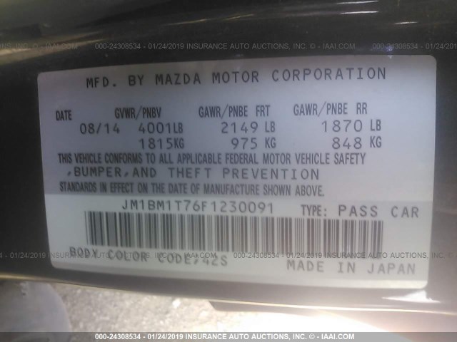 JM1BM1T76F1230091 - 2015 MAZDA 3 SV GRAY photo 9