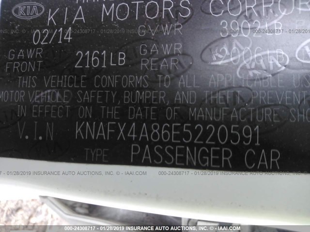 KNAFX4A86E5220591 - 2014 KIA FORTE EX WHITE photo 9