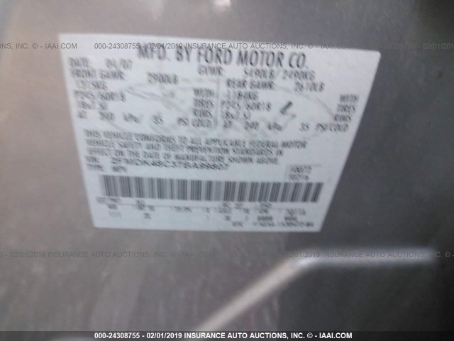 2FMDK48C37BA99807 - 2007 FORD EDGE SEL GRAY photo 9