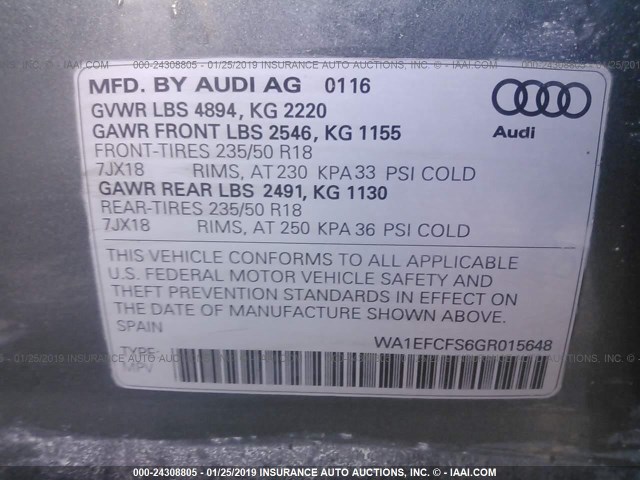 WA1EFCFS6GR015648 - 2016 AUDI Q3 PREMIUM PLUS GRAY photo 9