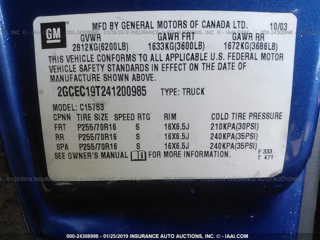 2GCEC19T241200985 - 2004 CHEVROLET SILVERADO C1500 BLUE photo 9