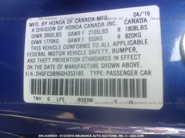 2HGFC3B96GH353185 - 2016 HONDA CIVIC TOURING BLUE photo 9