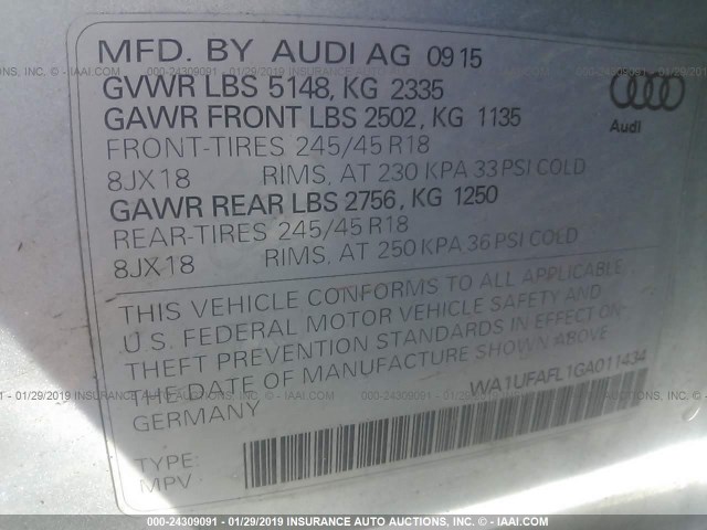 WA1UFAFL1GA011434 - 2016 AUDI A4 ALLROAD PREMIUM PLUS SILVER photo 9