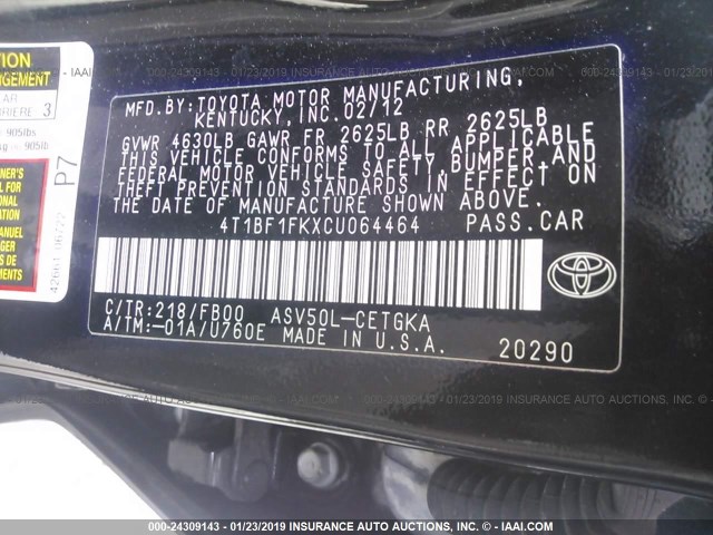 4T1BF1FKXCU064464 - 2012 TOYOTA CAMRY SE/LE/XLE BLACK photo 9