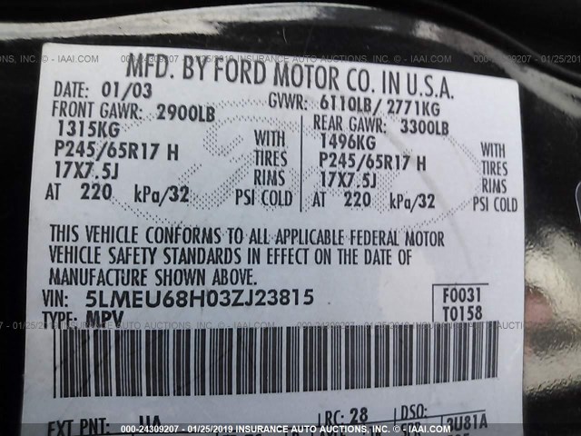 5LMEU68H03ZJ23815 - 2003 LINCOLN AVIATOR 黑色 照片 9