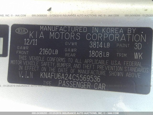 KNAFU6A24C5569536 - 2012 KIA FORTE EX SILVER photo 9