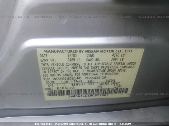 1N4BA41E16C829485 - 2006 NISSAN MAXIMA SE/SL SILVER photo 9