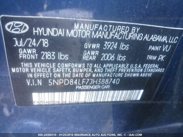 5NPD84LF7JH388740 - 2018 HYUNDAI ELANTRA SEL/VALUE/LIMITED BLUE photo 9