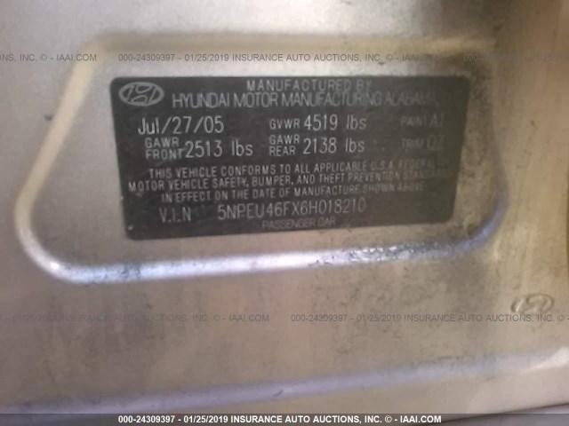 5NPEU46FX6H018210 - 2006 HYUNDAI SONATA GLS/LX GOLD photo 9