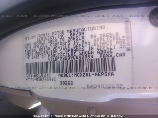 4T1BF28B9YU090953 - 2000 TOYOTA AVALON XL/XLS WHITE photo 9