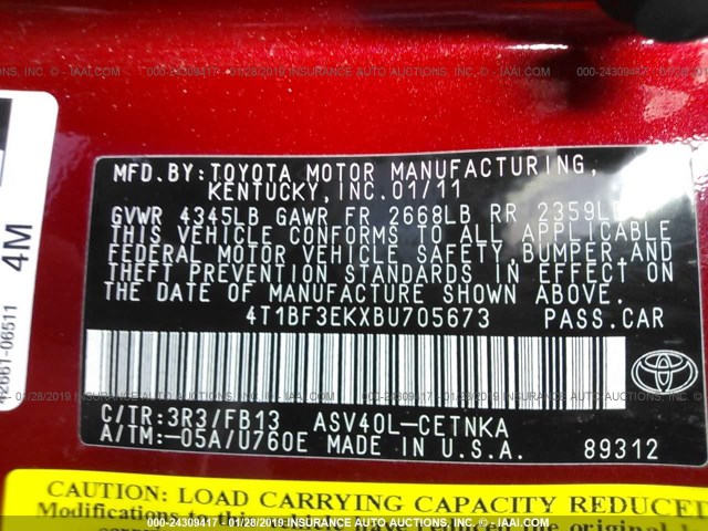 4T1BF3EKXBU705673 - 2011 TOYOTA CAMRY SE/LE/XLE 红色 照片 9