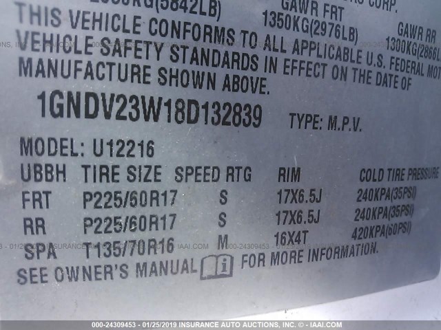 1GNDV23W18D132839 - 2008 CHEVROLET UPLANDER LS WHITE photo 9