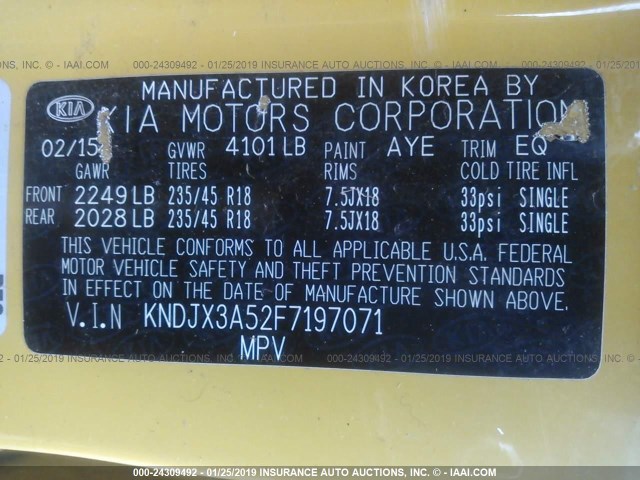 KNDJX3A52F7197071 - 2015 KIA SOUL ! YELLOW photo 9