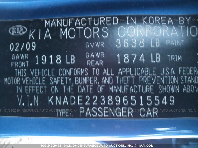 KNADE223896515549 - 2009 KIA RIO LX/SX BLUE photo 9