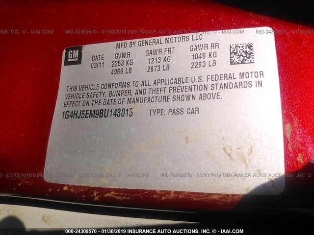 1G4HJ5EM9BU143013 - 2011 BUICK LUCERNE CXL RED photo 9