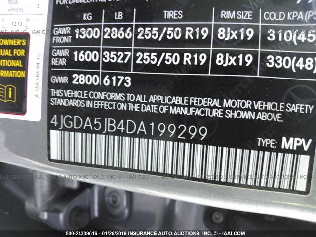 4JGDA5JB4DA199299 - 2013 MERCEDES-BENZ ML 350 GRAY photo 9