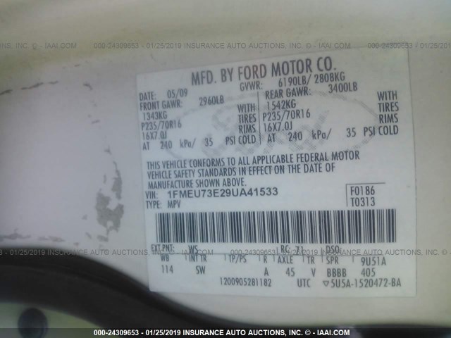 1FMEU73E29UA41533 - 2009 FORD EXPLORER XLT WHITE photo 9