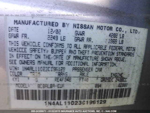 1N4AL11D23C196129 - 2003 NISSAN ALTIMA S/SL SILVER photo 9