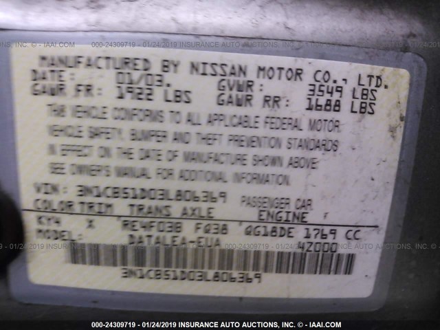 3N1CB51D03L806369 - 2003 NISSAN SENTRA XE/GXE SILVER photo 9