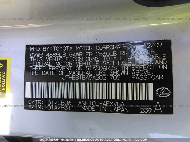 JTHBB1BA5A2021705 - 2010 LEXUS HS 250H SILVER photo 9