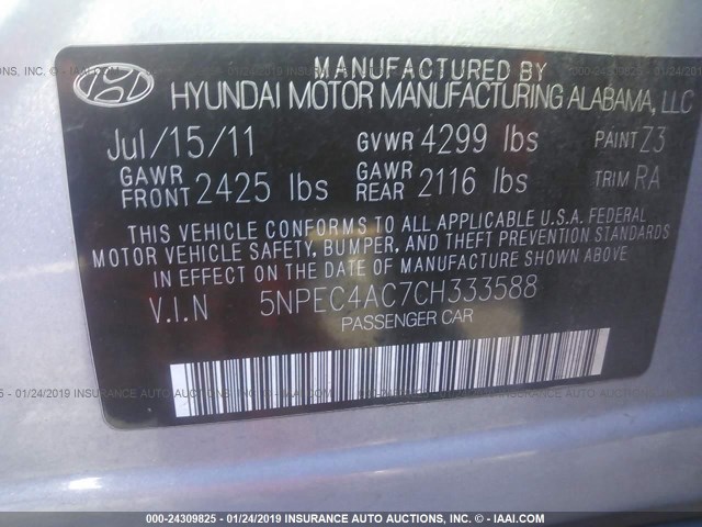 5NPEC4AC7CH333588 - 2012 HYUNDAI SONATA SE/LIMITED SILVER photo 9