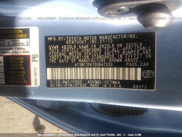 4T1BF1FK1DU647233 - 2013 TOYOTA CAMRY L/SE/LE/XLE Mavi foto 9