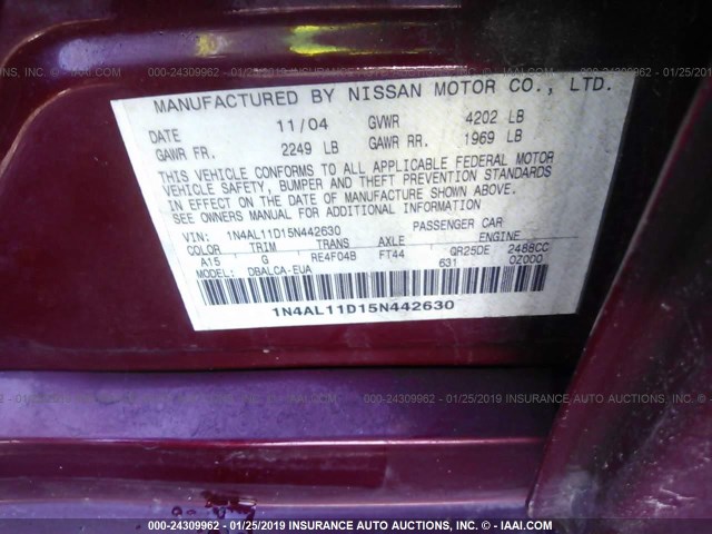 1N4AL11D15N442630 - 2005 NISSAN ALTIMA S/SL BURGUNDY photo 9