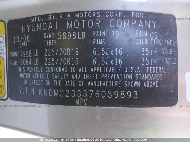 KNDMC233376039893 - 2007 HYUNDAI ENTOURAGE GLS/SE/LIMITED GOLD photo 9