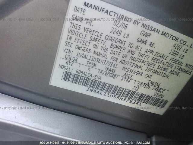 1N4AL11D56N379341 - 2006 NISSAN ALTIMA S/SL GOLD photo 9