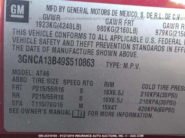 3GNCA13B49S510863 - 2009 CHEVROLET HHR LS Rojo foto 9