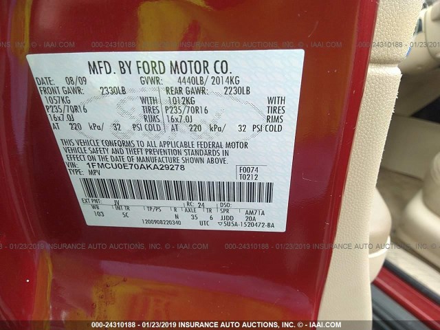 1FMCU0E70AKA29278 - 2010 FORD ESCAPE LIMITED RED photo 9